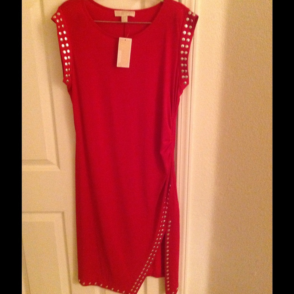 Michael Kors Red Studded Cap-Sleeve Sheath Dress